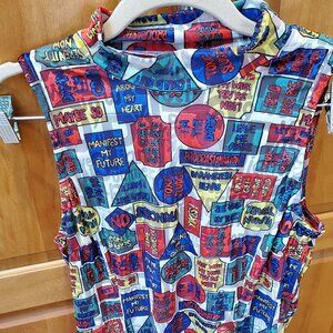 Rare Vintage-inspired stretch mock turtleneck sleeveless top L Pop-Art